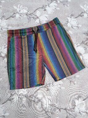 Rainbow Serape Stripe Drawstring Shorts Boho Baja Festival Unisex Small Medium